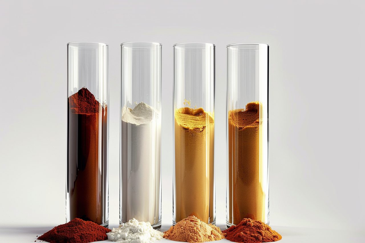 Coloured nutraceutical powders in laboratory tubes